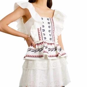 New w/ Tags, LUG VON SIGA Jade ruffled shirred embroidered cotton-poplin top